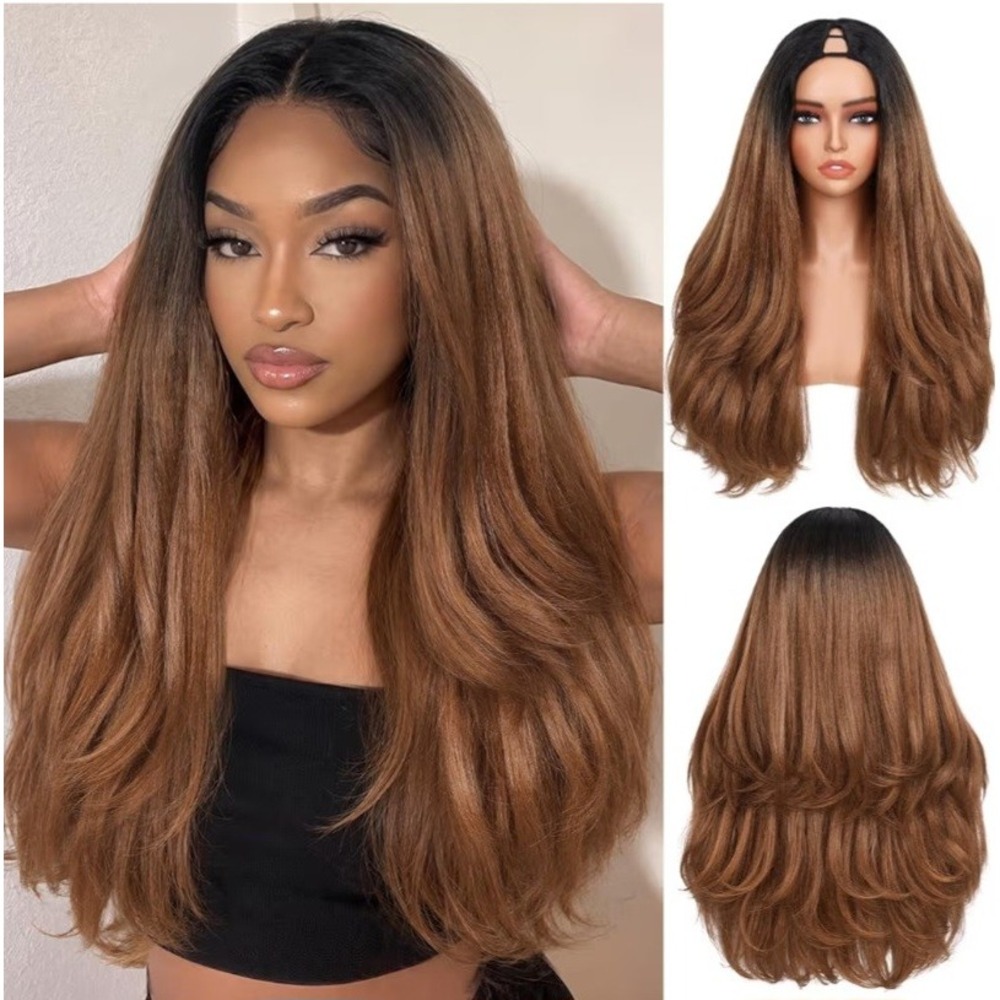 26 Inch Wavy Yaki V-Part Wig Ombre Brown T1B/30 Glueless Synthetic NEW